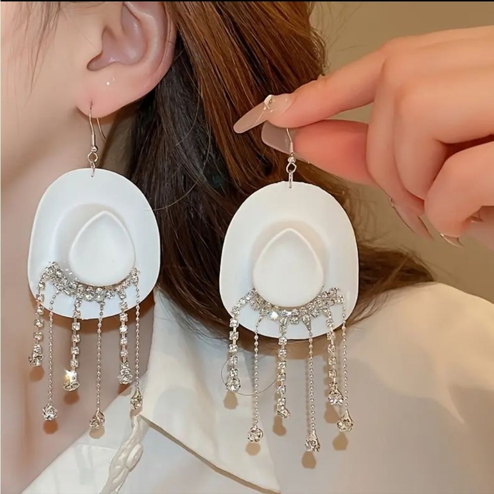 Hand Crafted Elegant White Crystal Western Cowboy Dangle Earrings For Adults - Picture 1 of 5